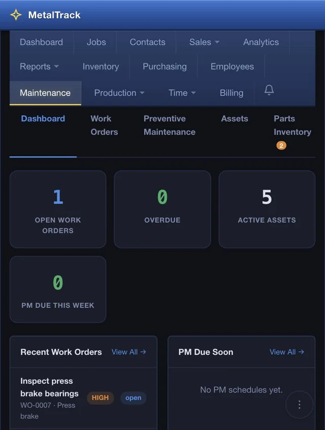 Maintenance dashboard