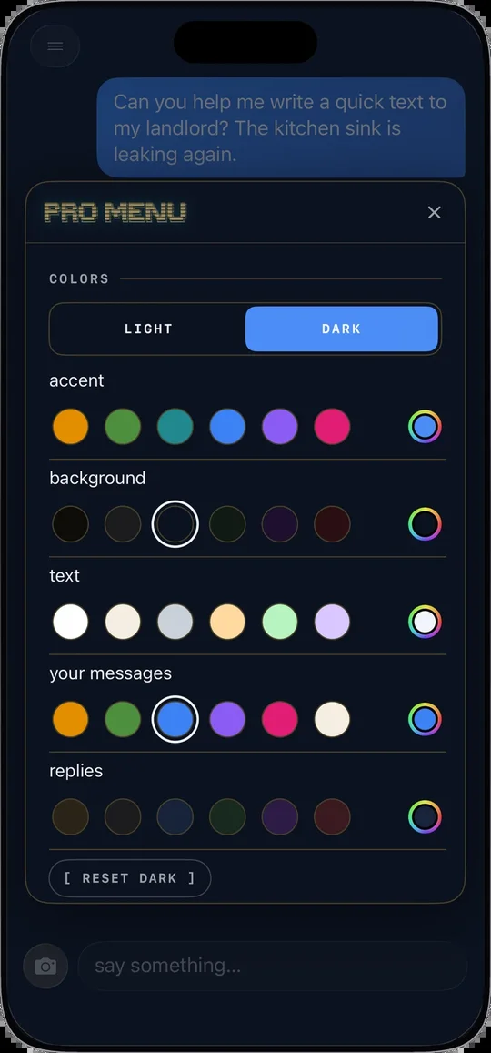 Pro menu with color choices